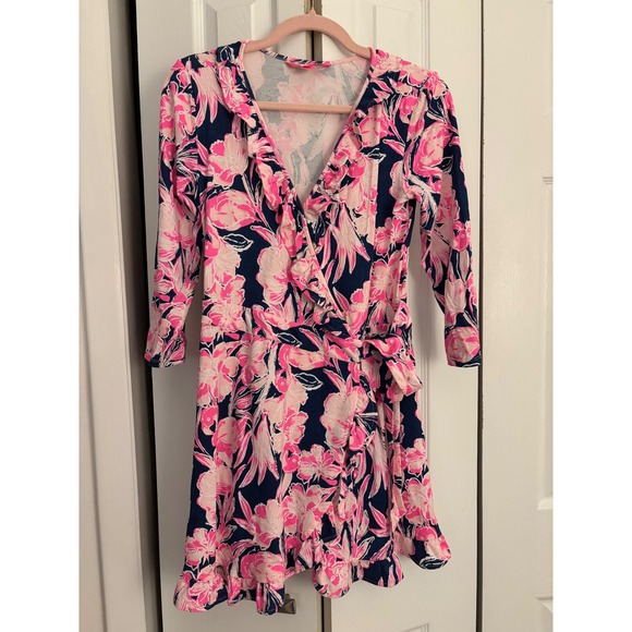 Lilly Pulitzer Jessalynne Wrap Romper Inky Navy Flamingo Ruffle Small - Picture 2 of 6